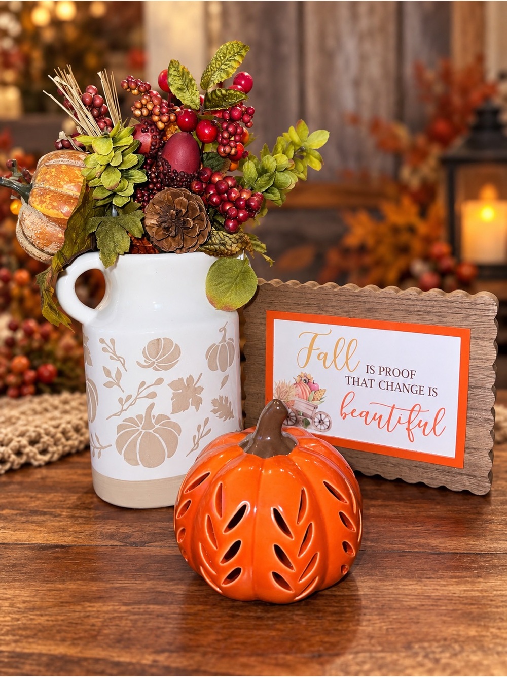 🍂 Fall Harvest Decor Bundle Pumpkin Vase Floral Arrangement Farmhouse Sign 4 pc.